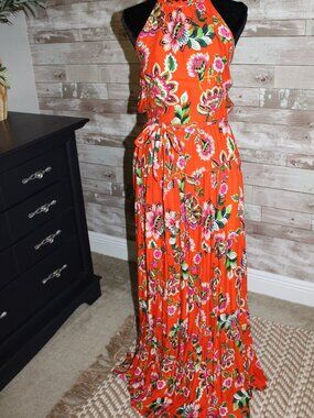 Colorful Floral Cottagecore Backless Hi-neck Maxi Dress